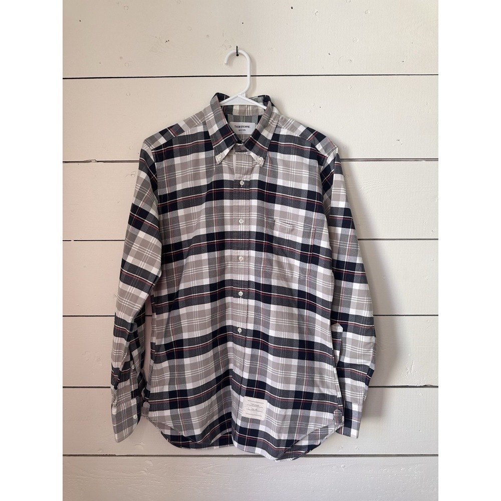 Thom Browne Tartan Plaid Button Down Shirt Navy Red Beige Preppy Sz 2 M USA
